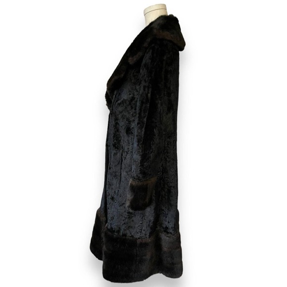 Vintage 60s Rosewin Black Penny Lane Brown Faux Fur Coat Mid Length Jacket - Picture 5 of 10